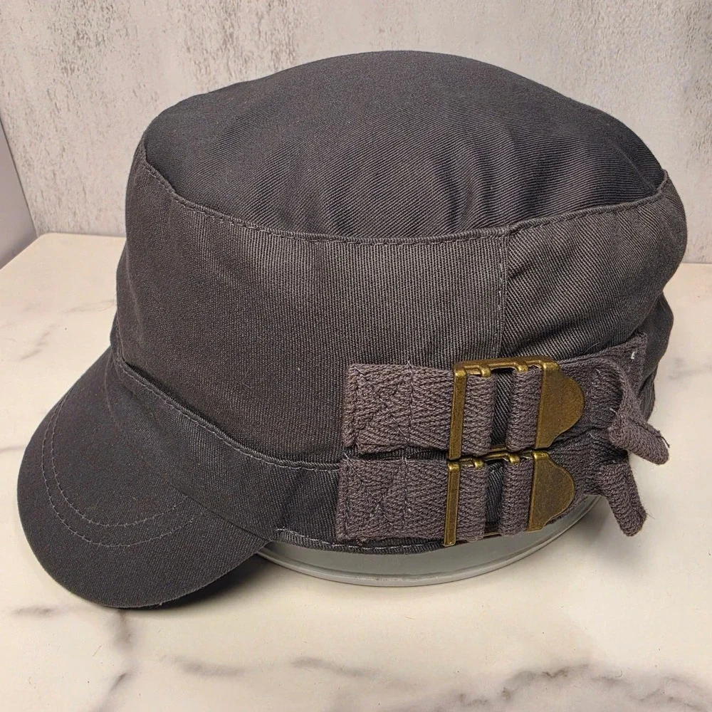 Target Charcoal Gray Cotton Twill Military Cadet Hat with Side Buckle Detail